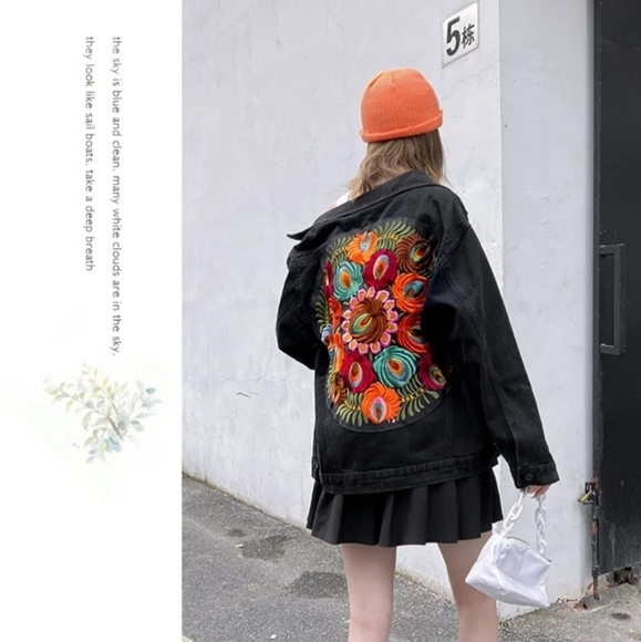 Black Denim Floral Embroidered Oversized Jacket - Picture 15 of 15